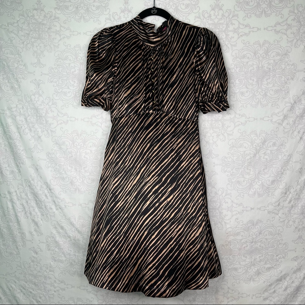 Betsey Johnson Y2K 90s Vintage Exotic Stripe Black Brown Print Silk Dress Size 2